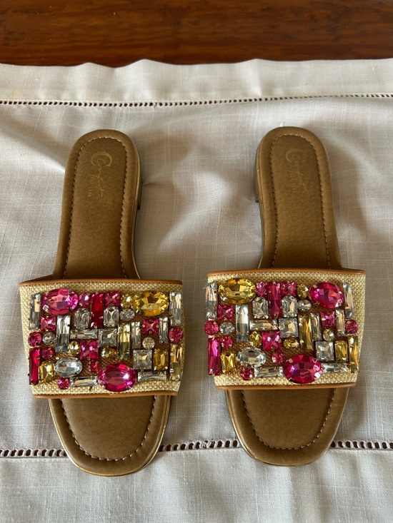 Comfrt Shoes - Embellished Pink & Gold Jeweled Slide Sandals - Women